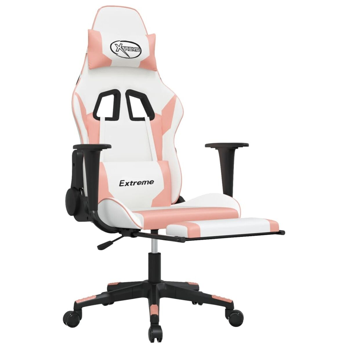 Rosa-weißer Gaming-Stuhl mit Logo. Mit Kopfstütze, Armlehnen und Fußstütze. Schwarze Basis.