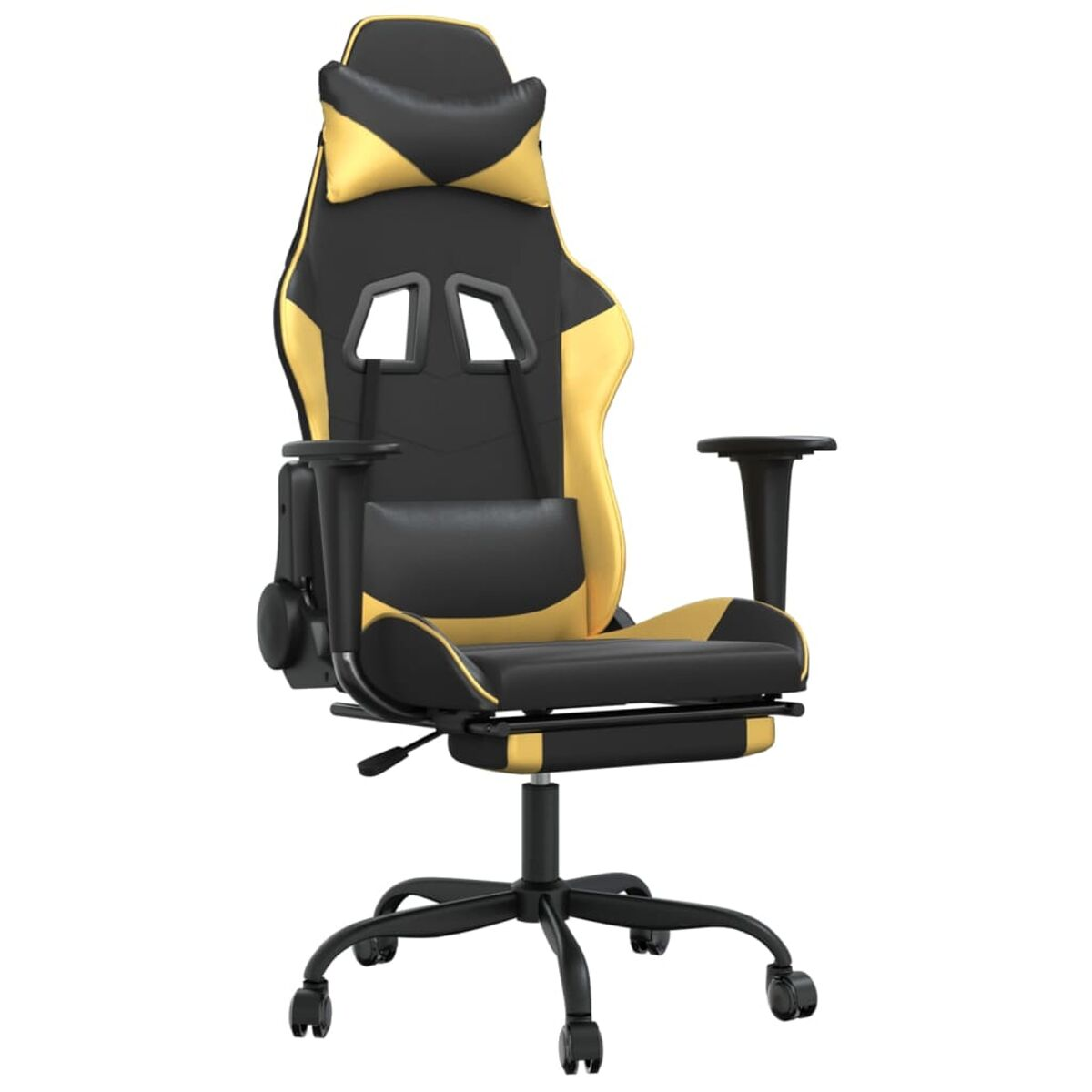 Una sedia da gaming nera e gialla con poggiapiedi.