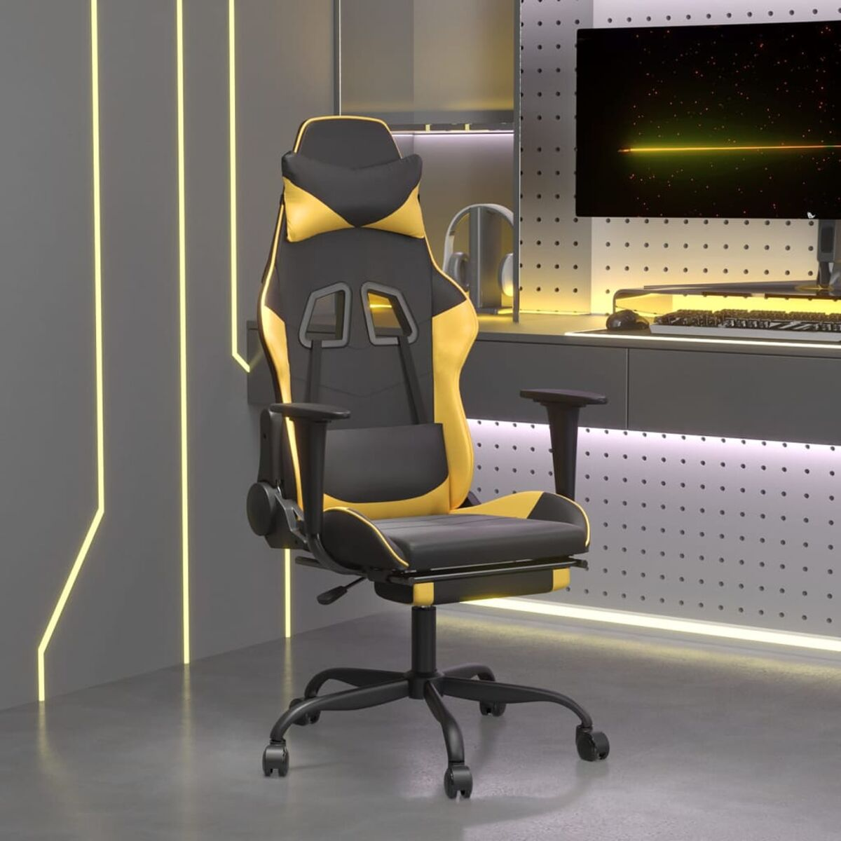 Sedia gaming nera e gialla con poggiatesta, braccioli e poggiapiedi, in un ambiente moderno.