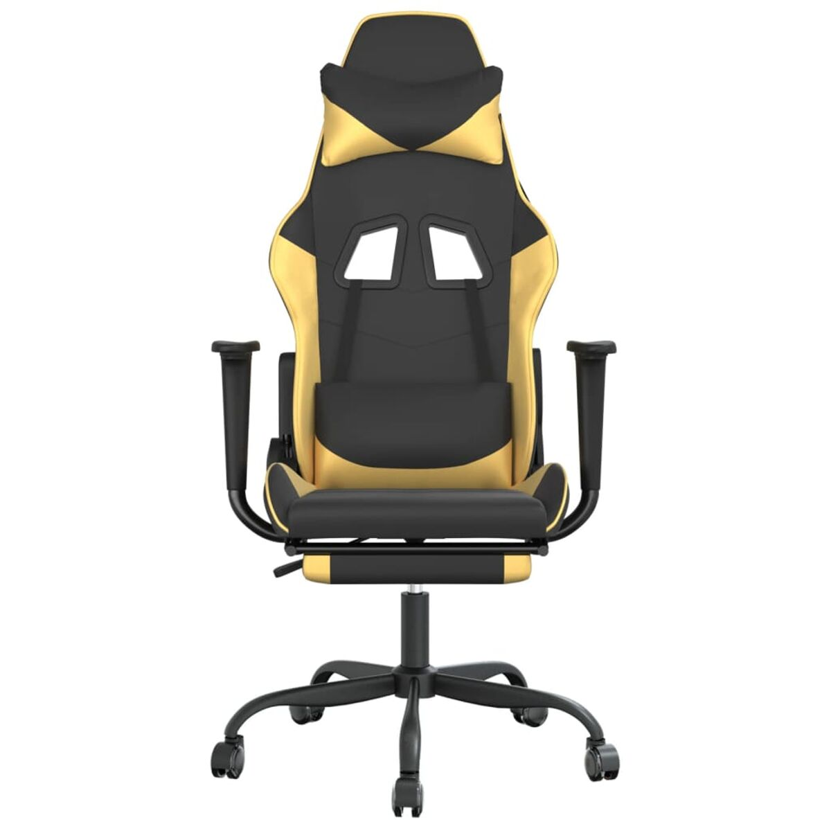 Sedia da gaming, vista frontale. Nera e gialla. Poggiatesta, braccioli e base girevole.