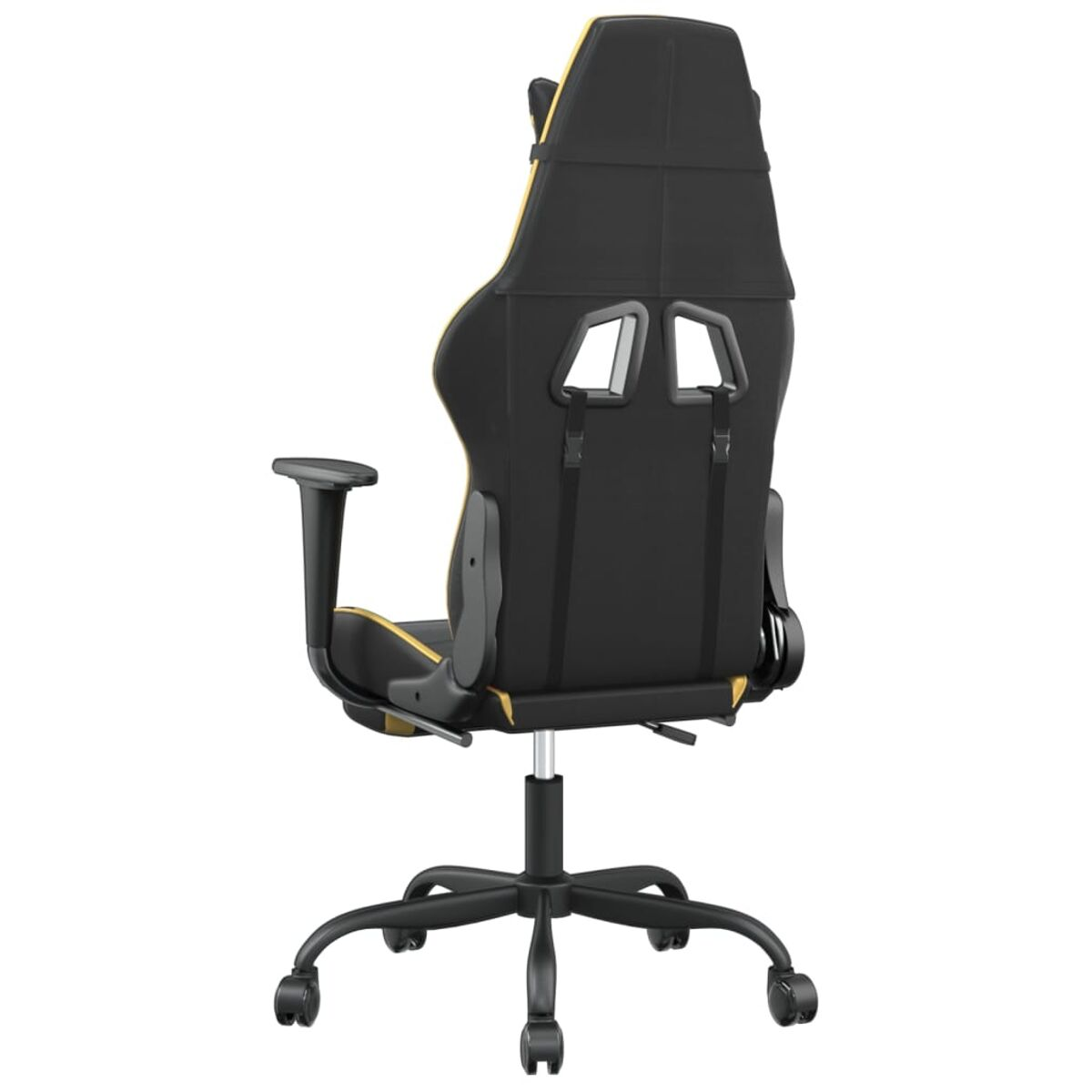 Una sedia da gioco nera e gialla vista da dietro, con base e ruote nere.