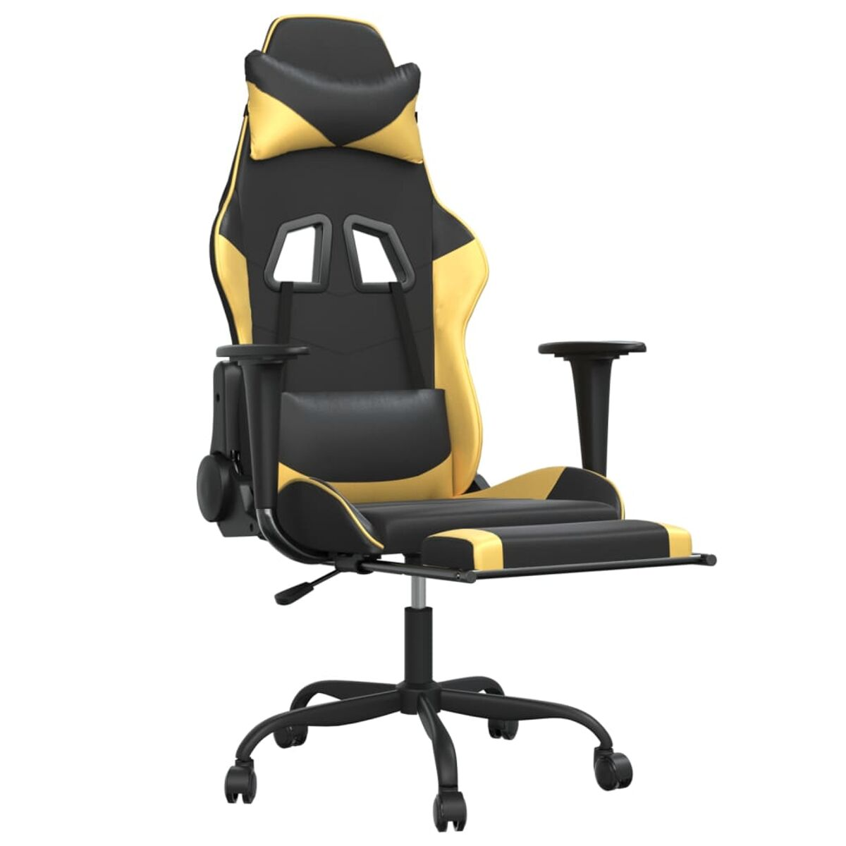 Sedia da gaming gialla e nera vista frontalmente, con poggiapiedi esteso.