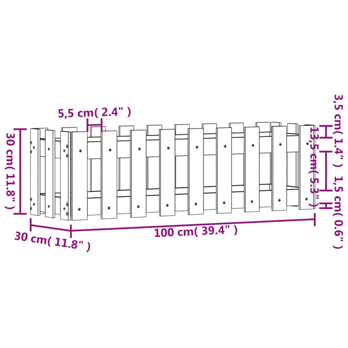 Ein kleiner Holzzaun mit sichtbaren Abmessungen. Vertikale Latten sind mit horizontalen Teilen verbunden.
