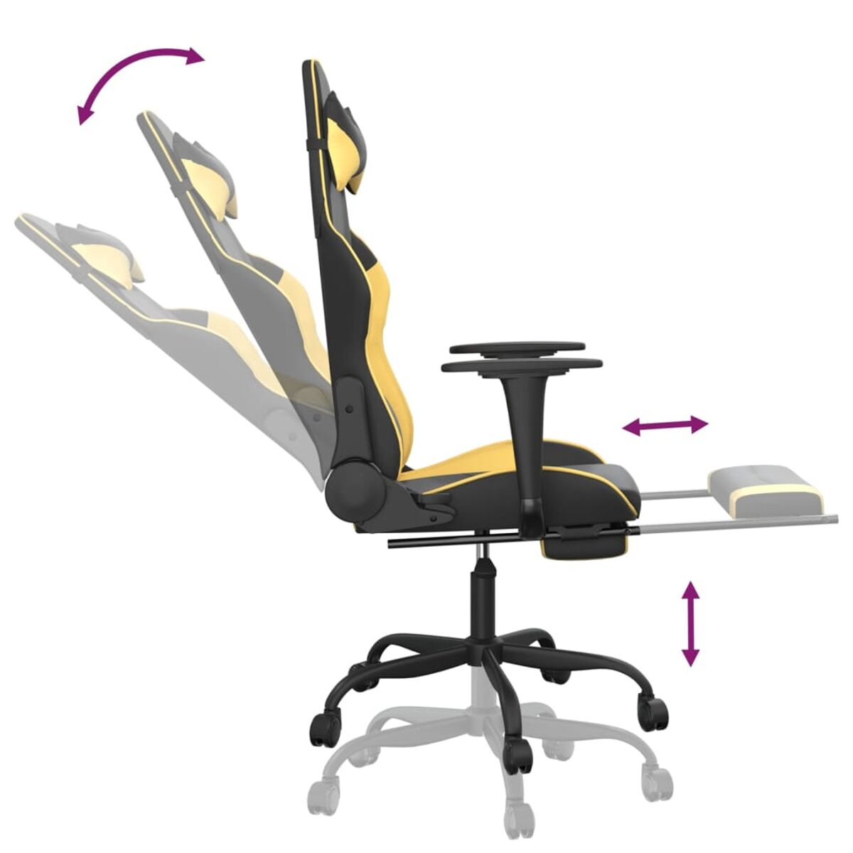 Sedia da gaming con schienale, braccioli e poggiapiedi regolabili. Schema colori nero e giallo.
