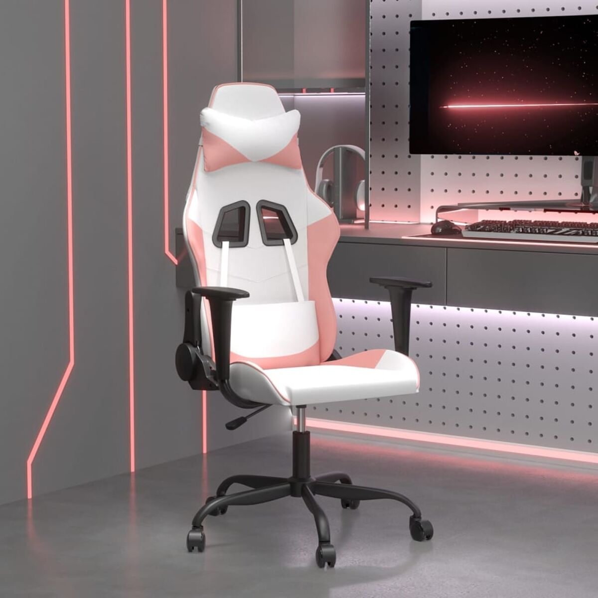 Gaming-Stuhl mit weißen, schwarzen und rosa Details in einem Raum.
