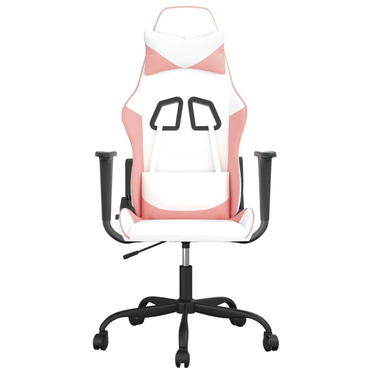 Ein pinkfarbener und weißer Gaming-Stuhl mit schwarzen Armlehnen und Rädern.