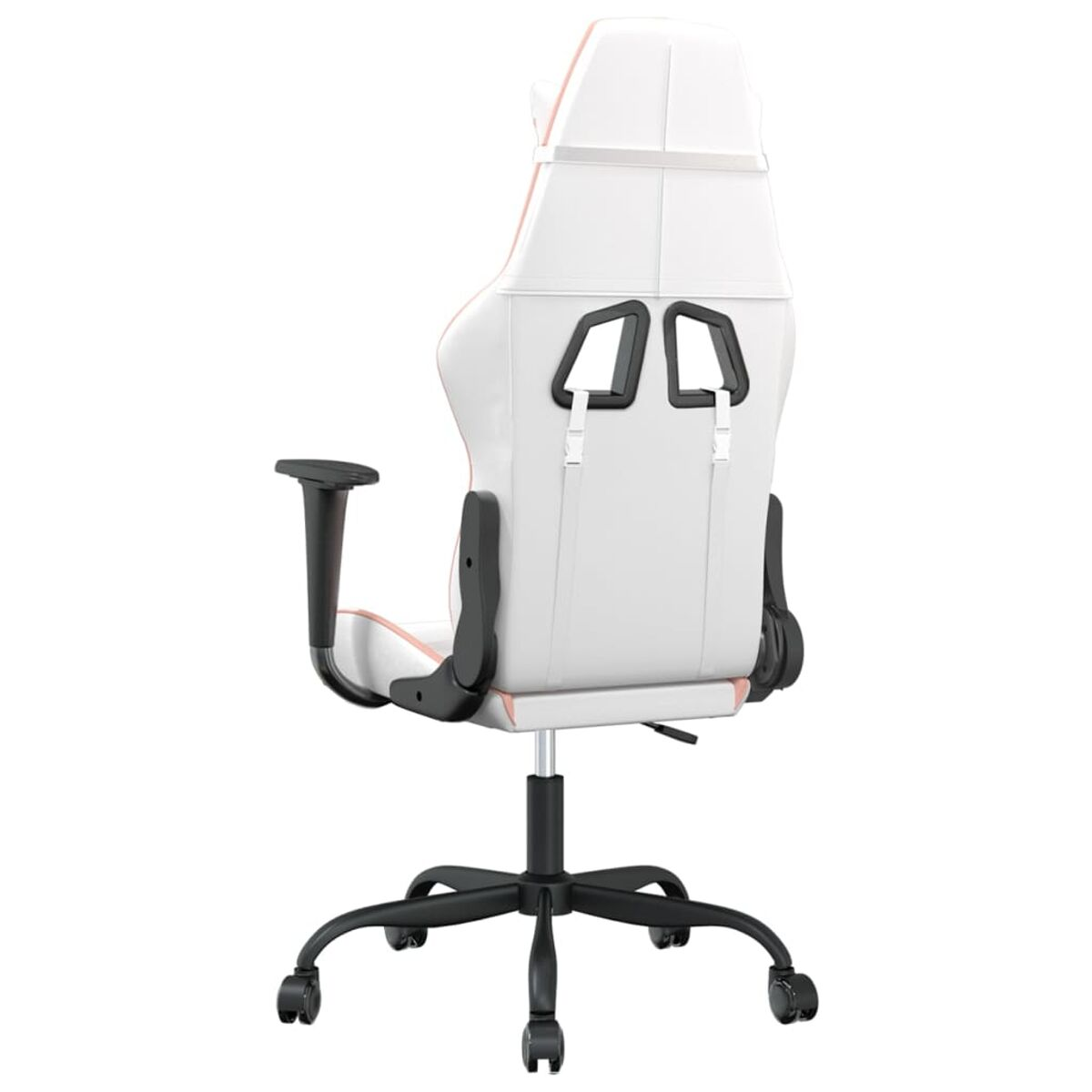 Rückansicht eines weißen und rosa Gaming-Stuhls. Schwarzes Gestell mit Rollen und schwarzen Armlehnen.
