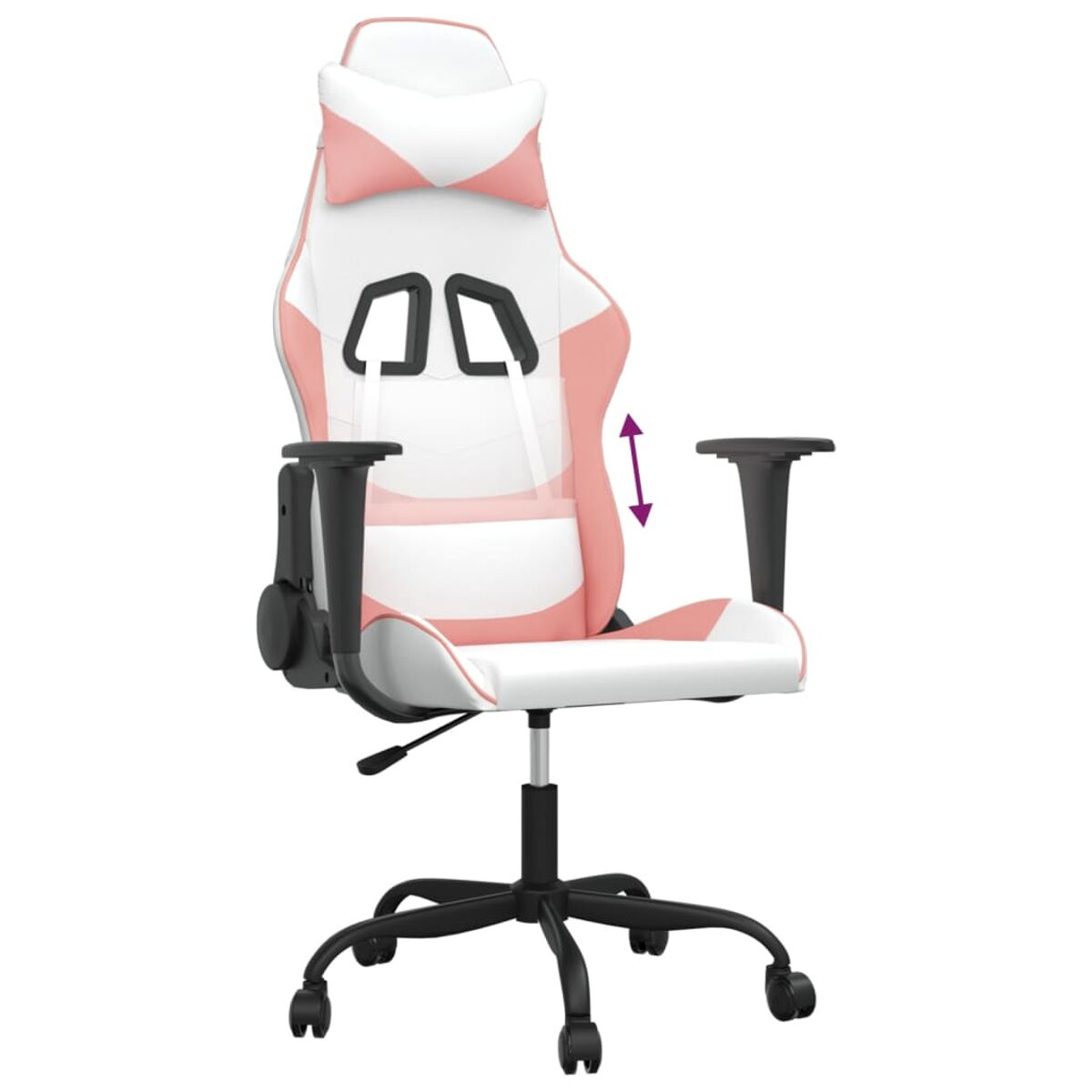 Rosa und weißer Gaming-Stuhl, Vorderansicht. Der Stuhl ist verstellbar. Pfeile zeigen die Einstellung am Arm.