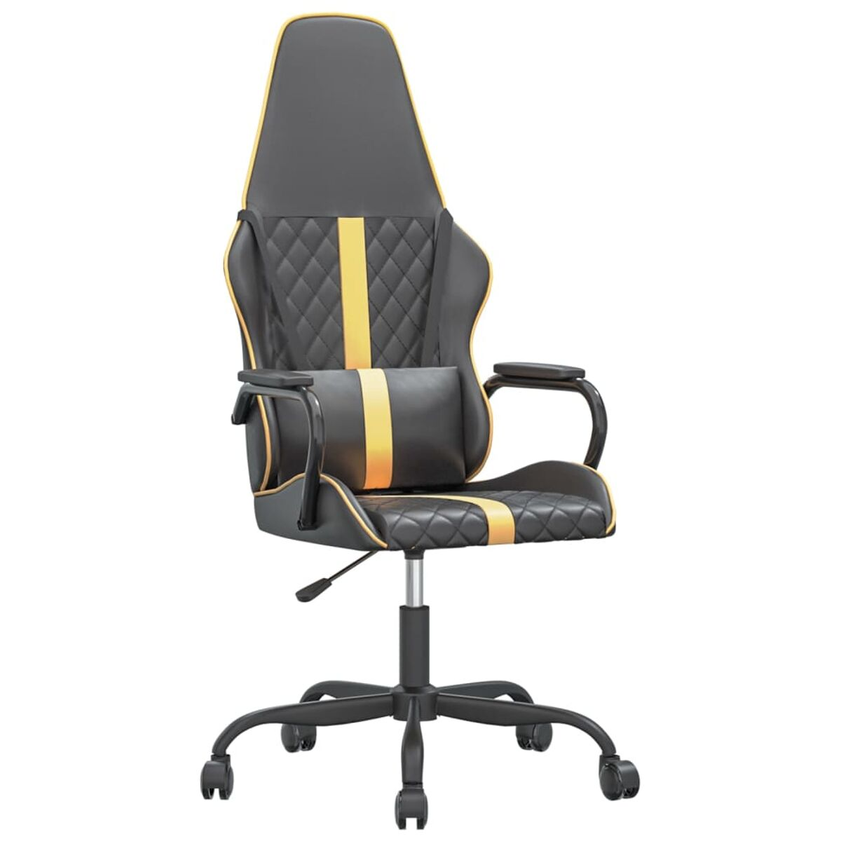 Schwarzer und gelber Gaming-Stuhl mit hohem Rücken, Armlehnen und Rollfuß.
