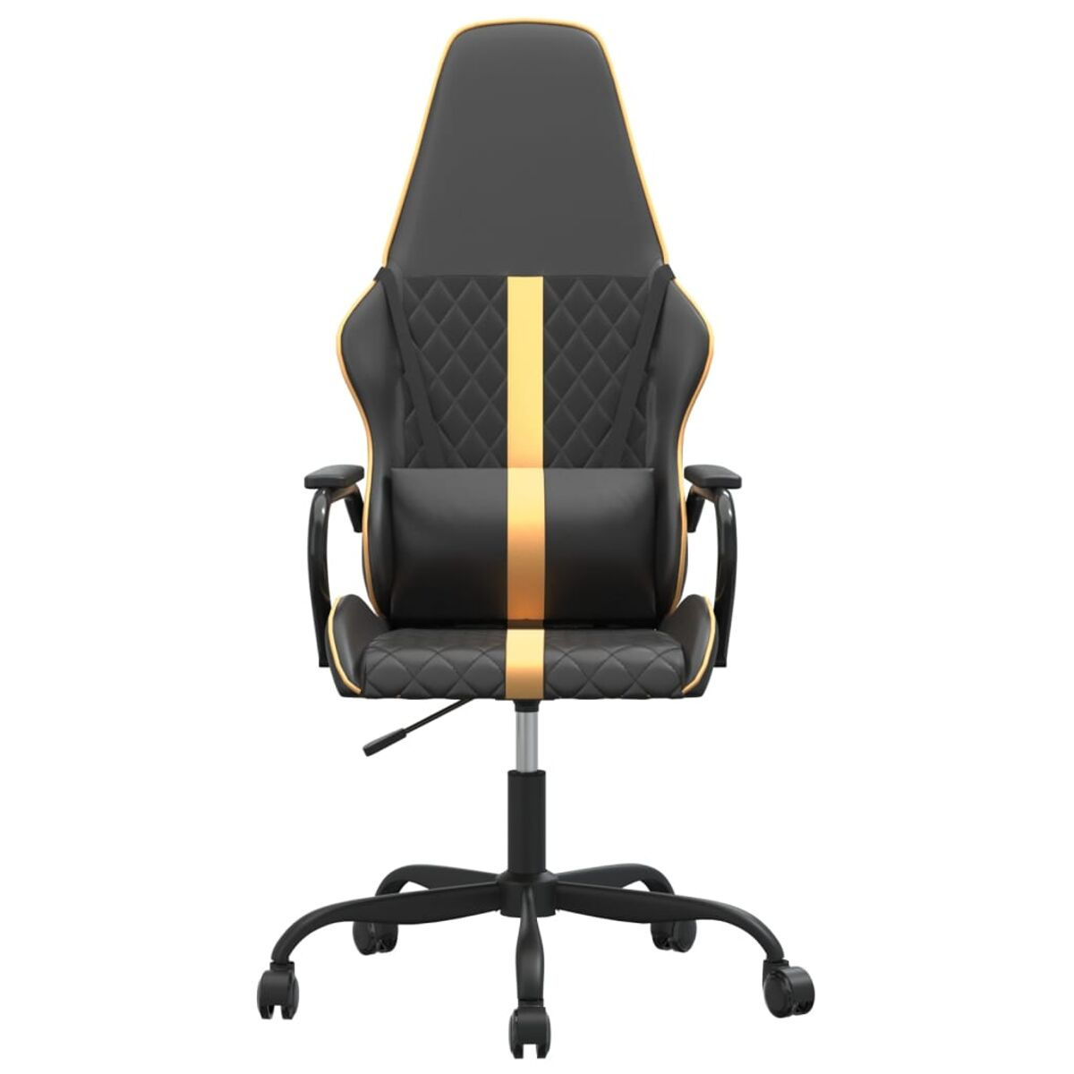 Schwarzer Gaming-Stuhl mit goldenen Akzenten, Rautenmuster und Kopfstütze. Schwarze Räder.