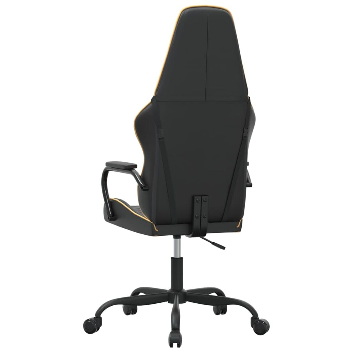 Rückansicht eines schwarzen und goldenen Gaming-Stuhls auf Rädern. Schwarze Basis und goldene Akzente.