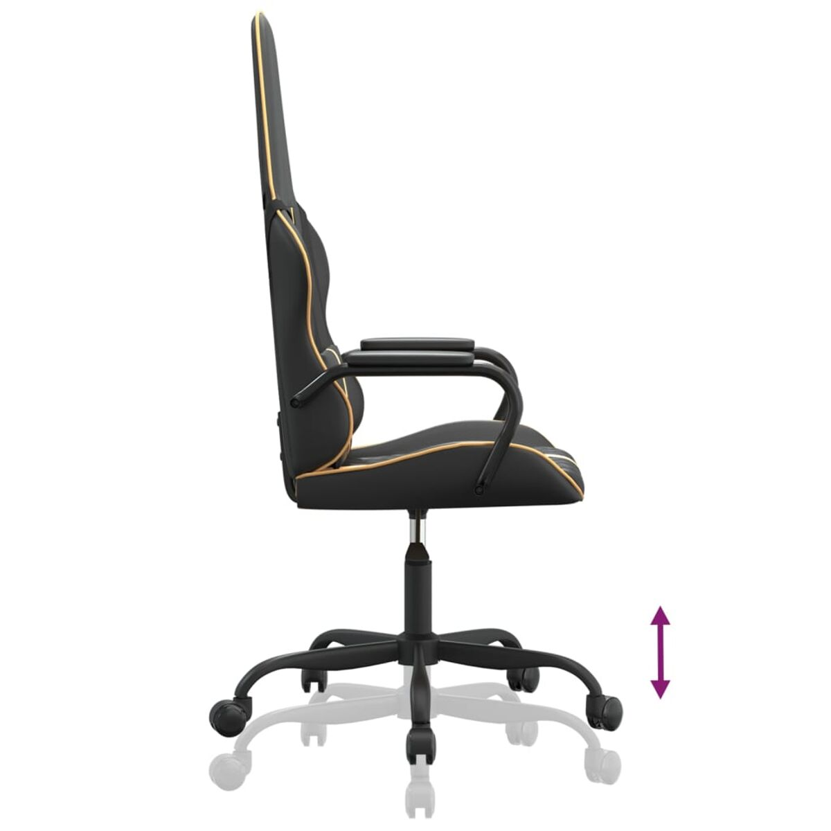 Profil eines schwarzen Gaming-Stuhls mit goldenen Akzenten. Die Sitzhöhe ist verstellbar.