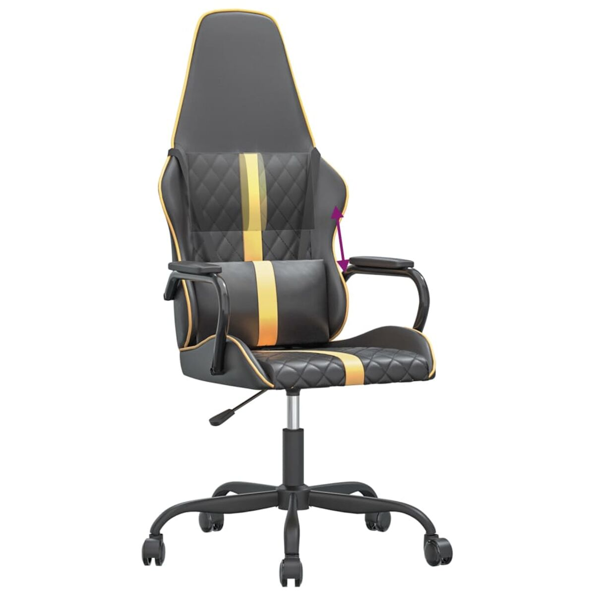 Gaming-Stuhl, schwarz-gelbes Design, mit Kopfstütze, Armlehnen und einer Basis mit Rädern, isoliert.