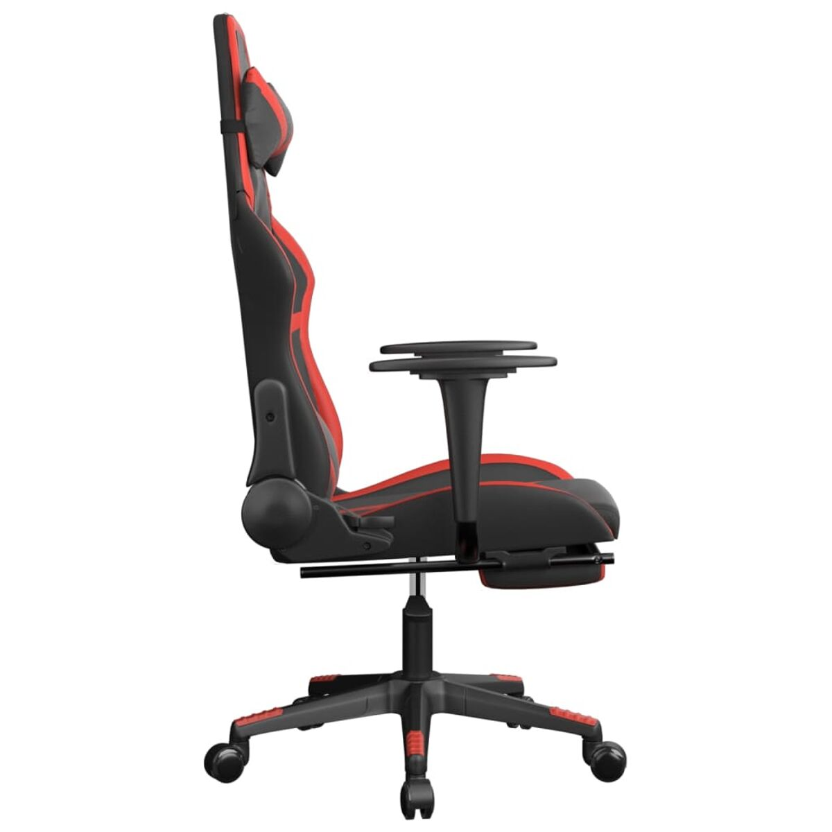 Roter und schwarzer Gaming-Stuhl, Seitenansicht, mit Kopfstütze, Armlehnen und Rollen.