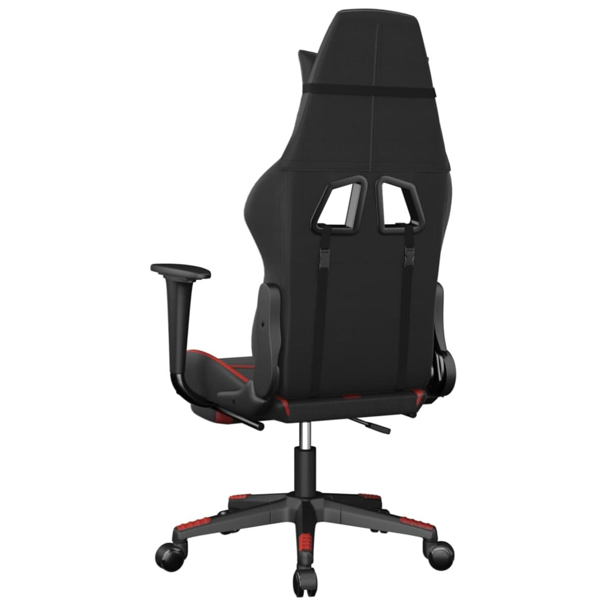 Rückansicht des Gaming-Stuhls, schwarz mit roten Akzenten, zeigt Rücken, Kopfstütze und Basis mit Rädern.
