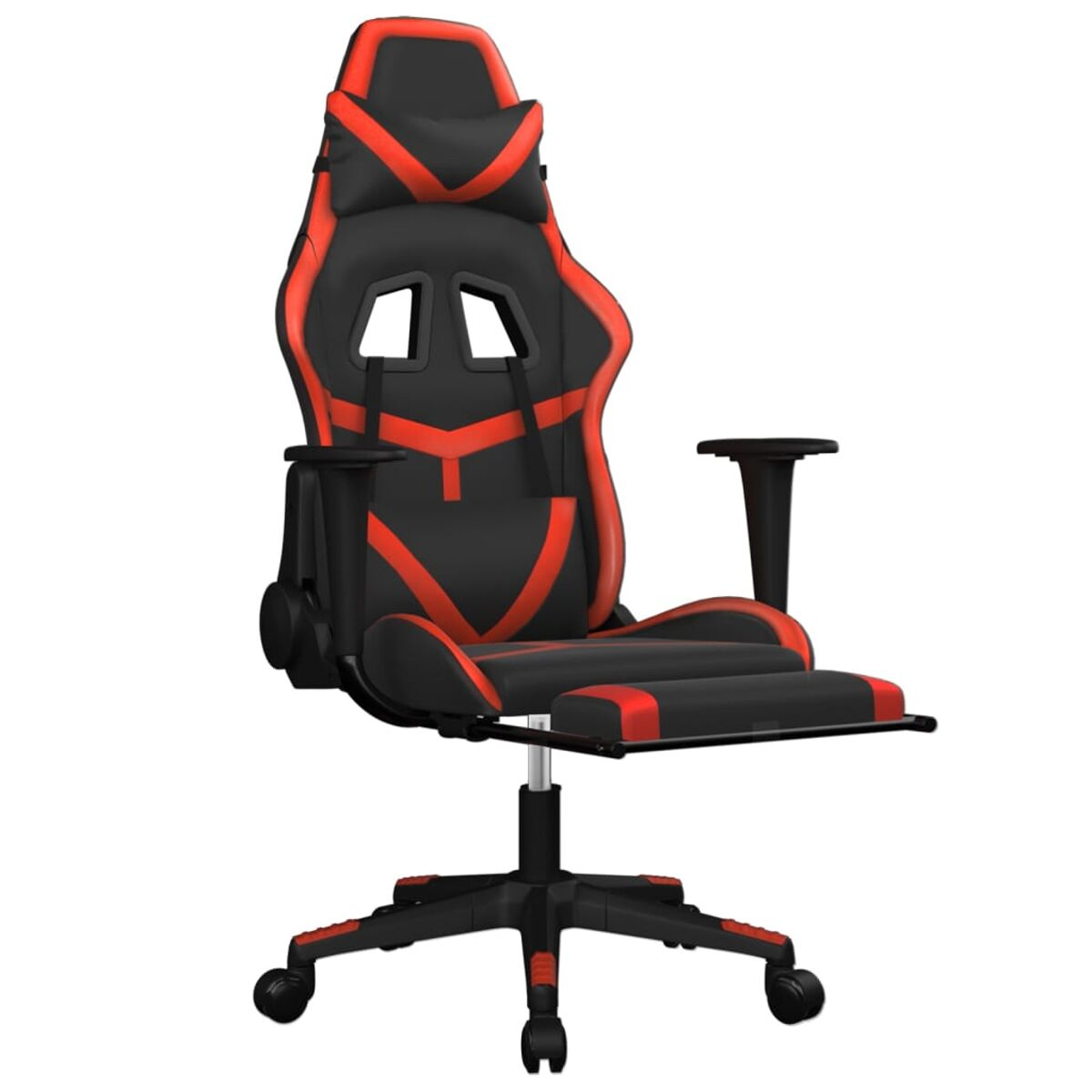 Schwarzer und roter Gaming-Stuhl mit Fußstütze. Vorderansicht.