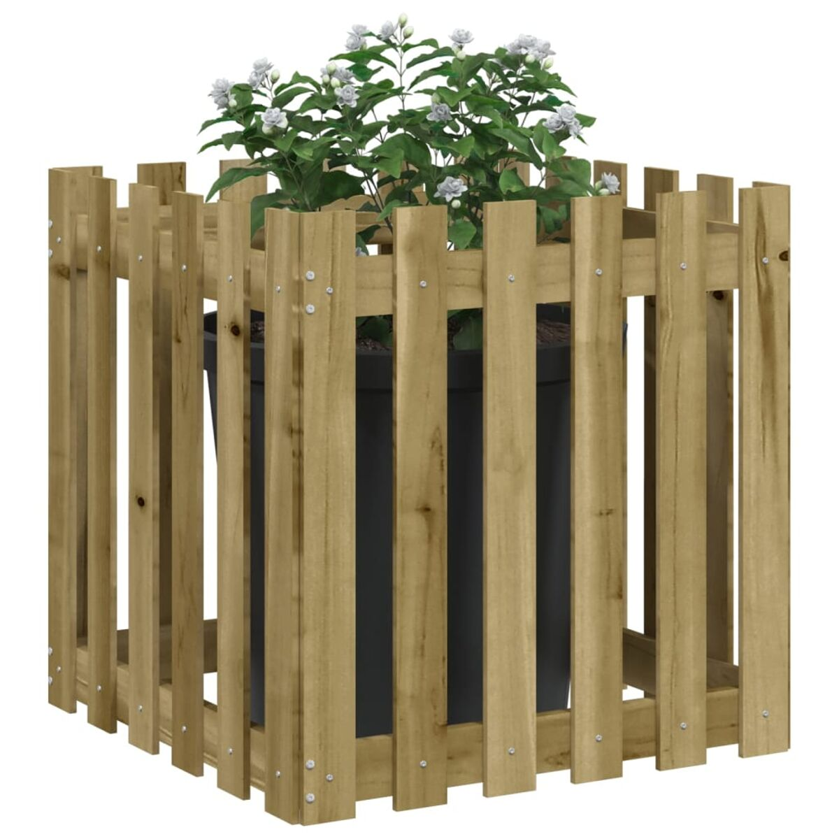 Holzzaun um einen schwarzen Topf mit weißen Blumen.