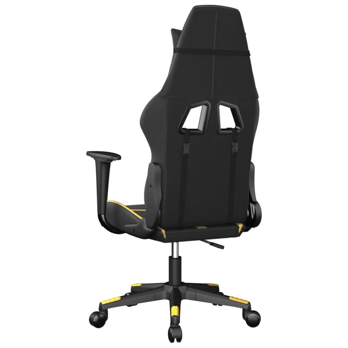 Schwarzer Gaming-Stuhl, schwarz-gelbe Details, Rückansicht.