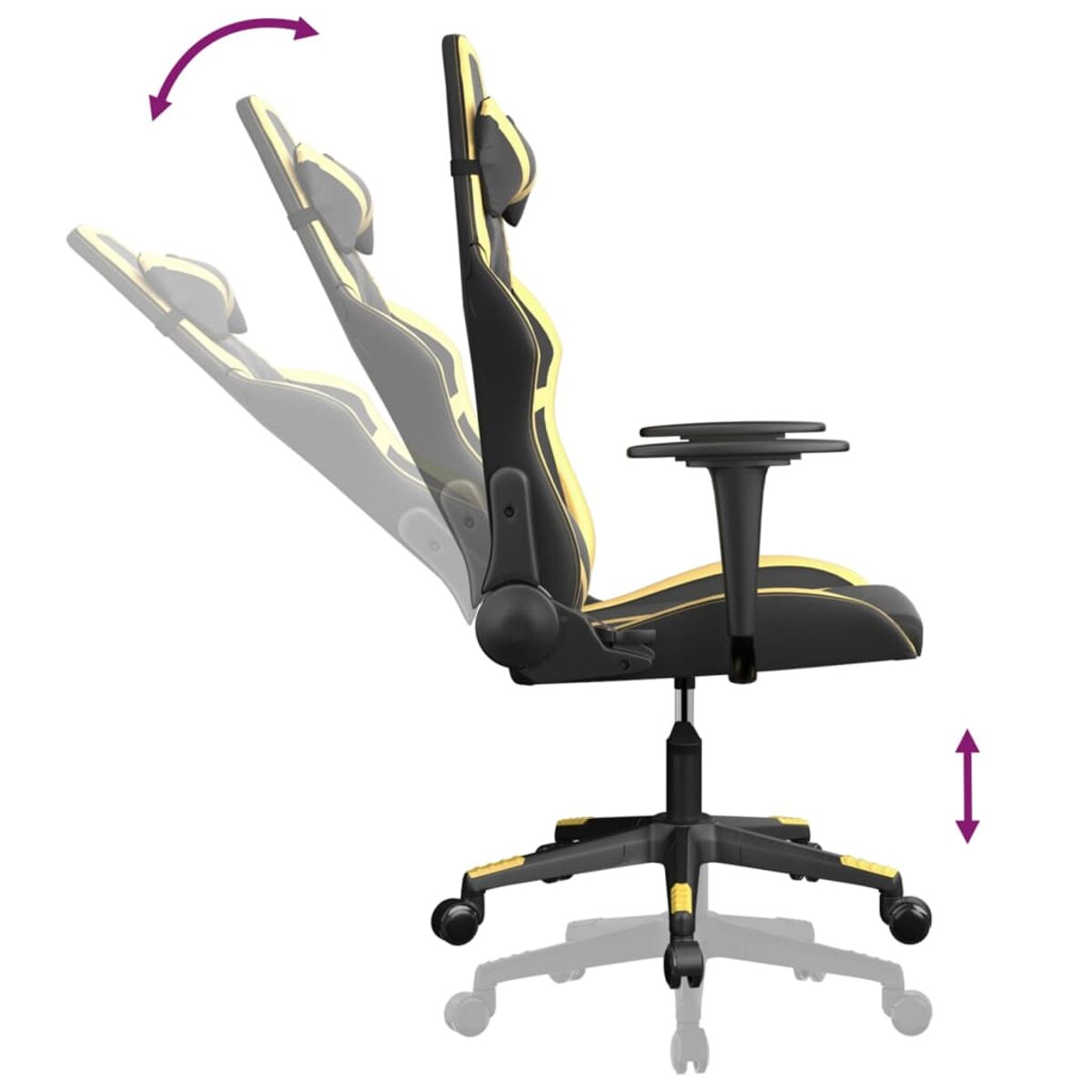 Gaming-Stuhl mit gelben und schwarzen Akzenten. Er zeigt verstellbare Höhe und Rückenlehne.