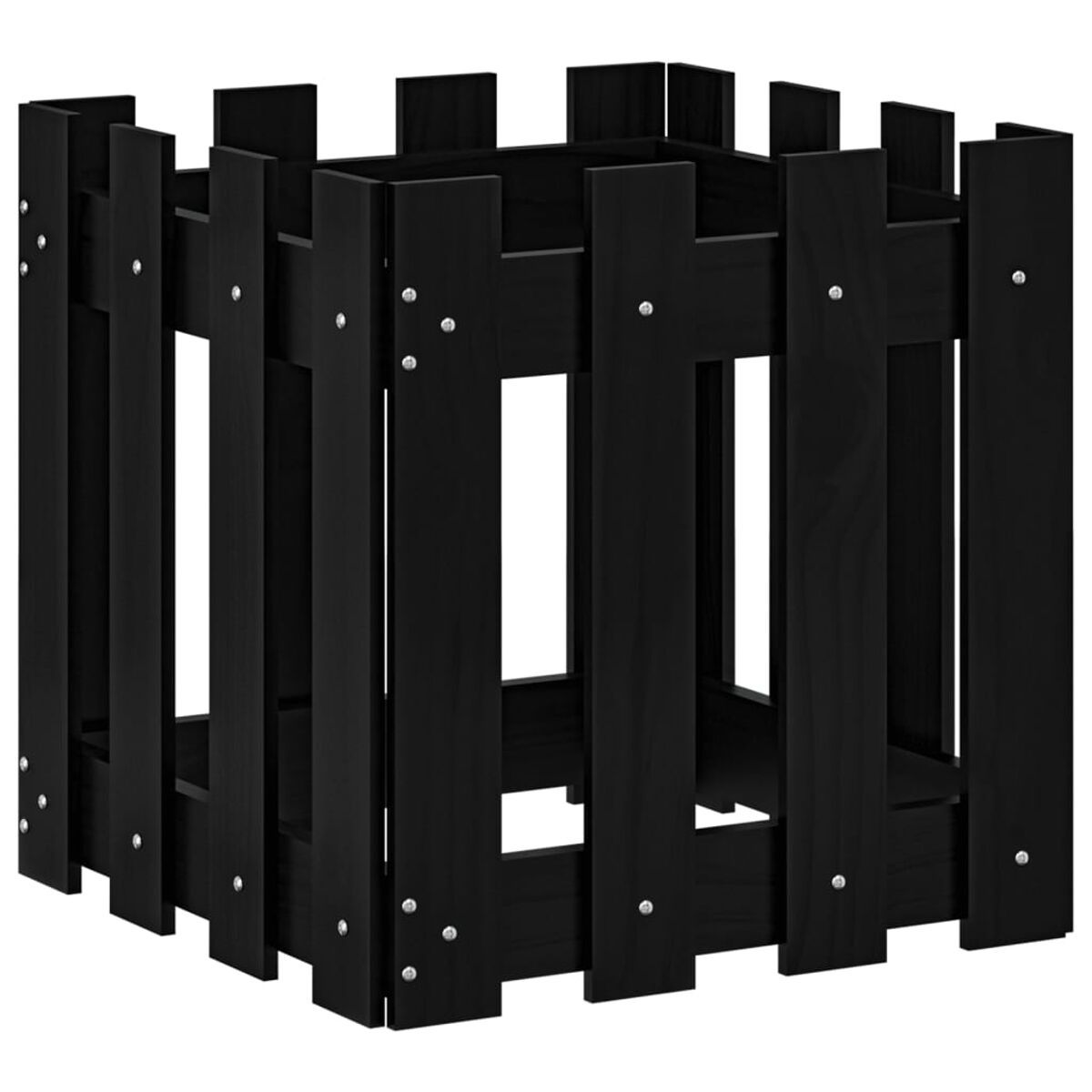 Ein schwarzer Holzpflanzkasten mit vertikalen Lamellen und Metallverschlüssen.