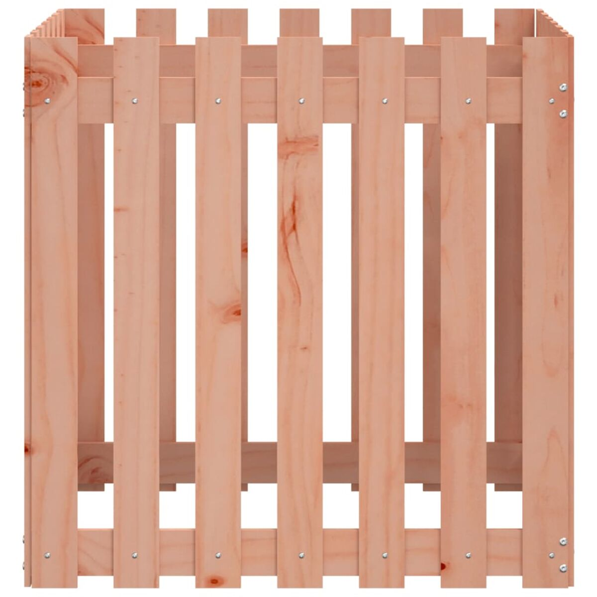 Holzzaun mit vertikalen Brettern, hellrotbraune Farbe.