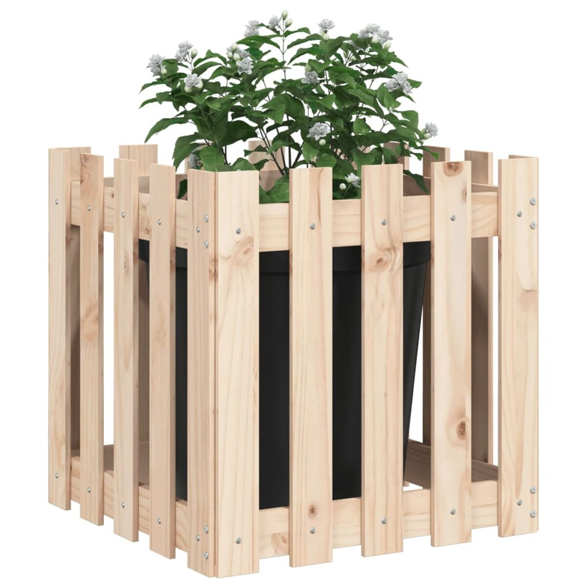 Holzpflanzkasten mit Pflanze. Weiße Blüten und grüne Blätter. Weißer Hintergrund.