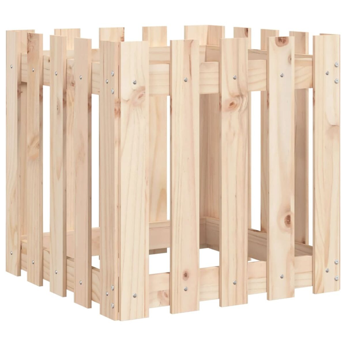 Eine hölzerne Holzaufbewahrungseinheit, offen, aus vertikalen Brettern konstruiert.