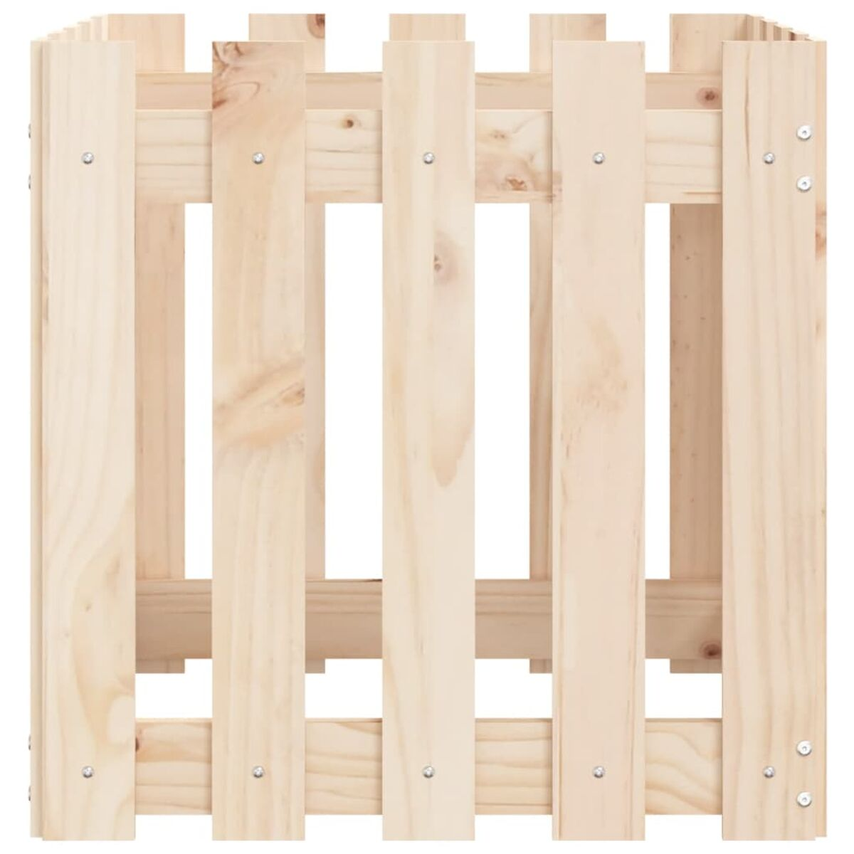 Holzkiste mit vertikalen Lamellen. Naturholzfarbe, schlichtes Design.