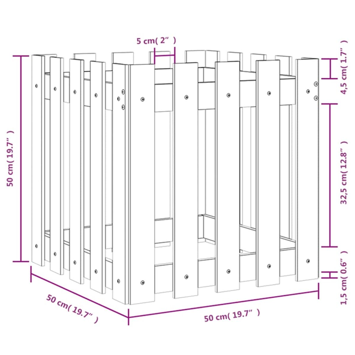Ein Diagramm, das eine holzähnliche Struktur mit in cm beschrifteten Abmessungen zeigt.