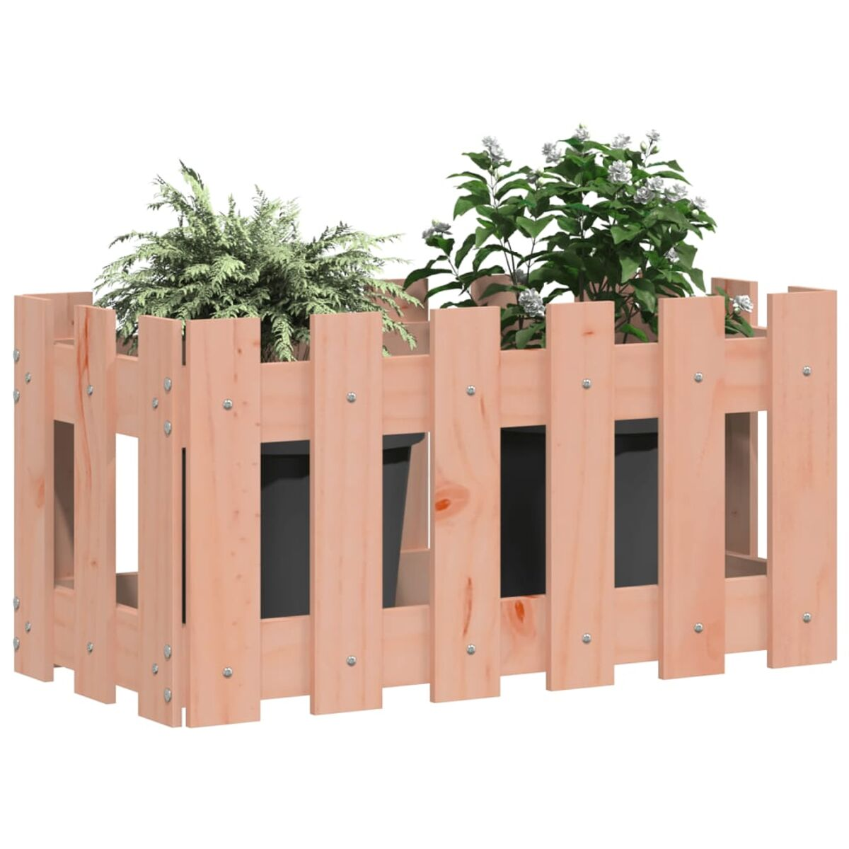 Ein Holzpflanzer mit zwei Topfpflanzen. Ein zaunähnliches Design mit Öffnungen.
