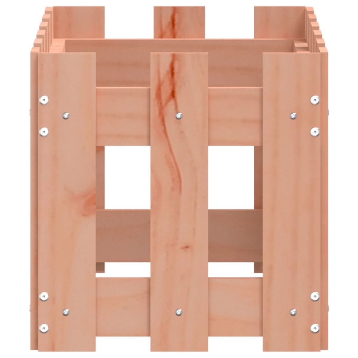 Holzzaun mit quadratischer Form, mit sichtbaren Schrauben. Das Holz hat eine hellbraune Farbe.