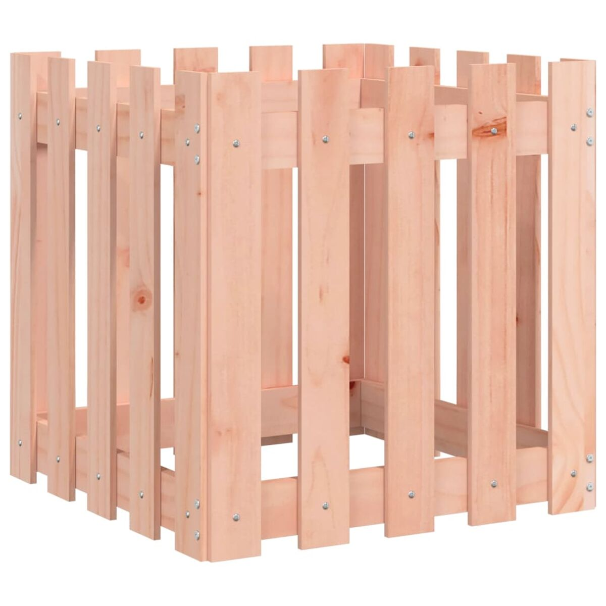 Ein heller Holzpflanzkasten mit Lamellendesign. Es ist eine offene, quadratische Struktur.