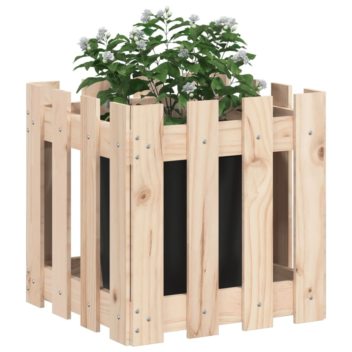 Pflanzenständer aus Holz mit schwarzem Innenfutter. Enthält Pflanzen mit grünen Blättern und weißen Blüten.