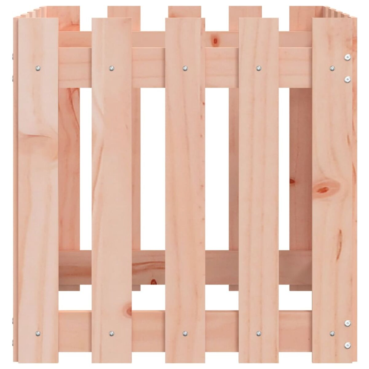 Nahaufnahme eines rosa Holzzauns. Vertikale Bretter mit sichtbaren Schraubenköpfen.