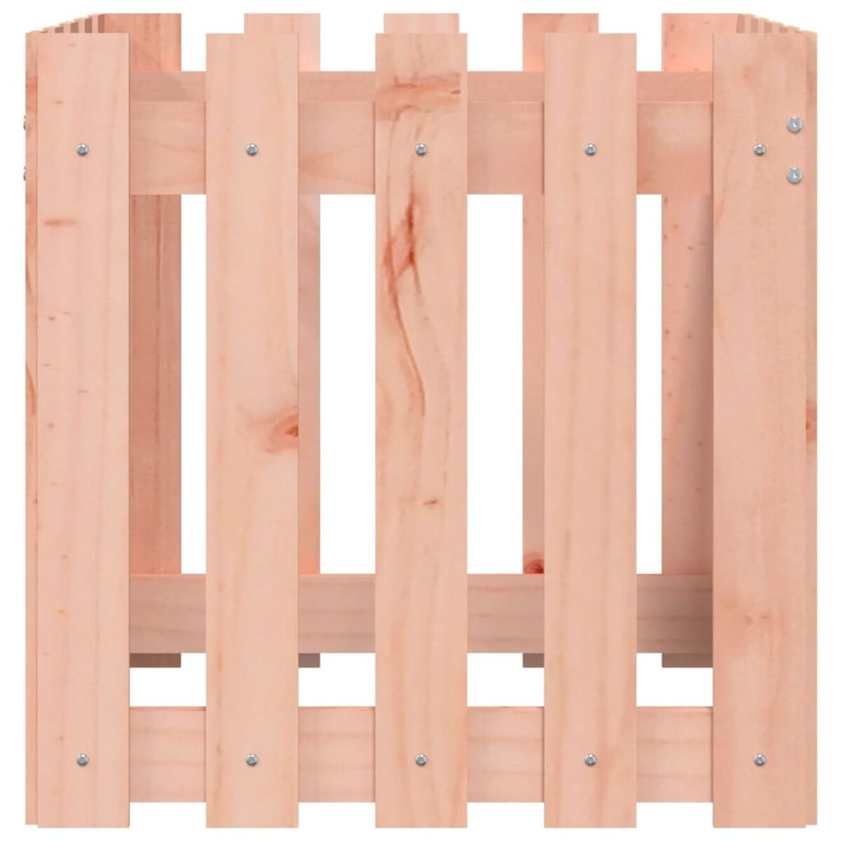 Holzzaun. Vertikale Bretter, gehalten von horizontalen Stützen. Hellbraune Holzfarbe. Schrauben sichtbar.