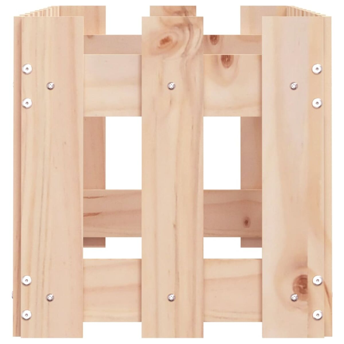 Eine Holzkiste aus hellbraunem Holz. Sie hat eine quadratische Form mit offenen Seiten.
