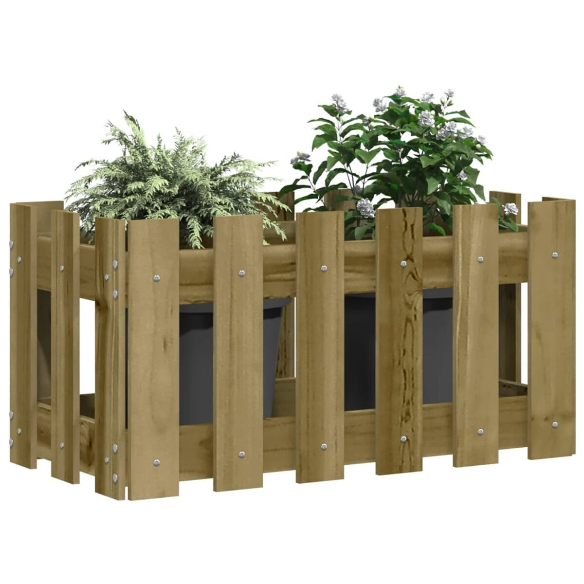Pflanzkasten aus Holz mit Pflanzen darin. Die Kiste hat ein zaunartiges Design. Der Hintergrund ist weiß.