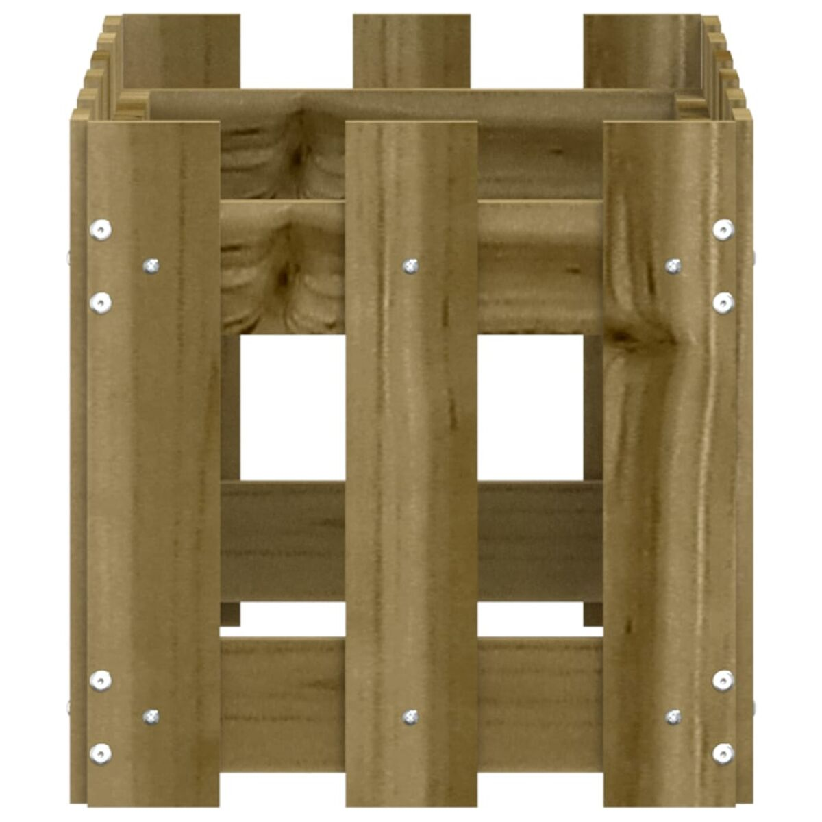 Braune Holzkiste mit quadratischen Öffnungen, mit Metallbolzen befestigt.