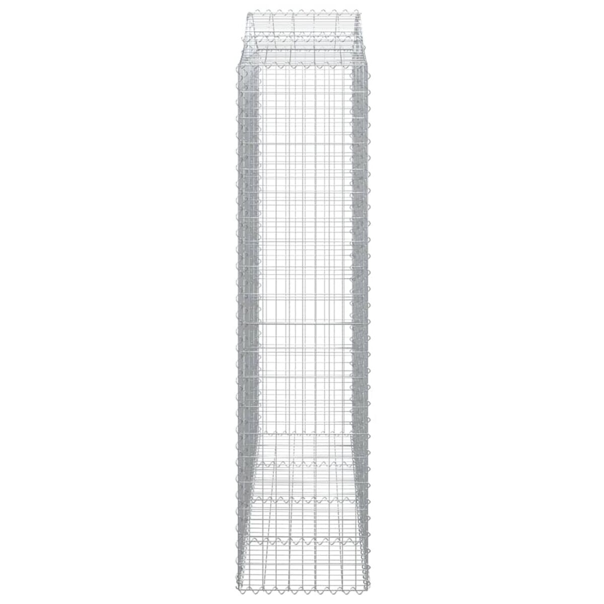 Hoher, rechteckiger Gabion. Eine Drahtgitterstruktur, leer, für Landschaftsbau oder Dekoration.