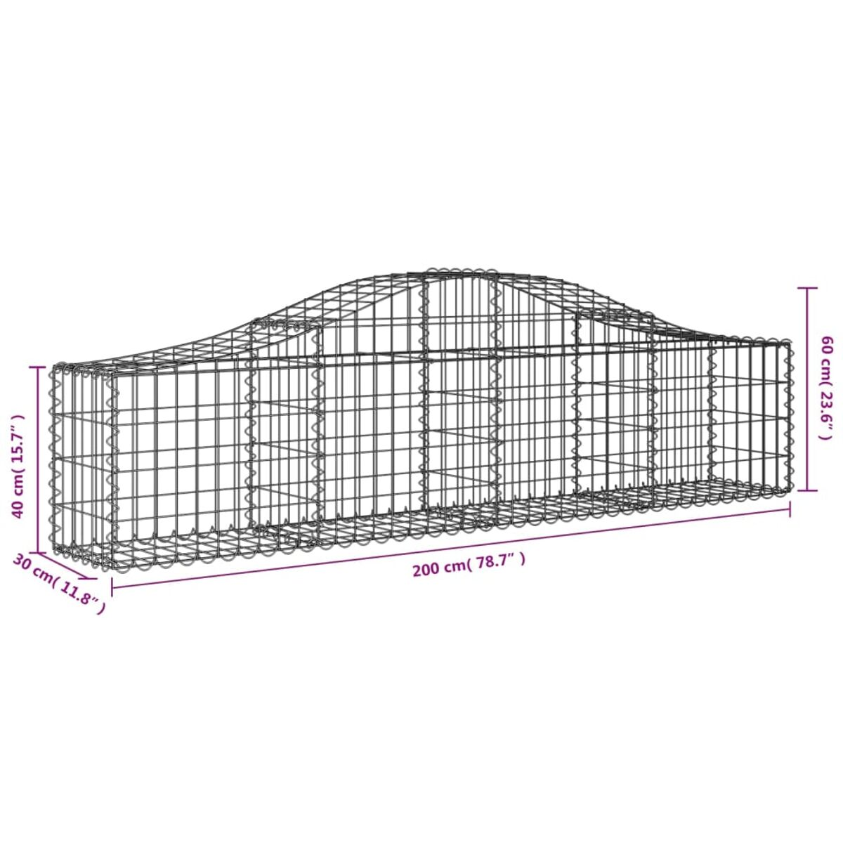 Metall-Gabione in Autoform. Abmessungen sind beschriftet. Die Maschenstruktur ist sichtbar.