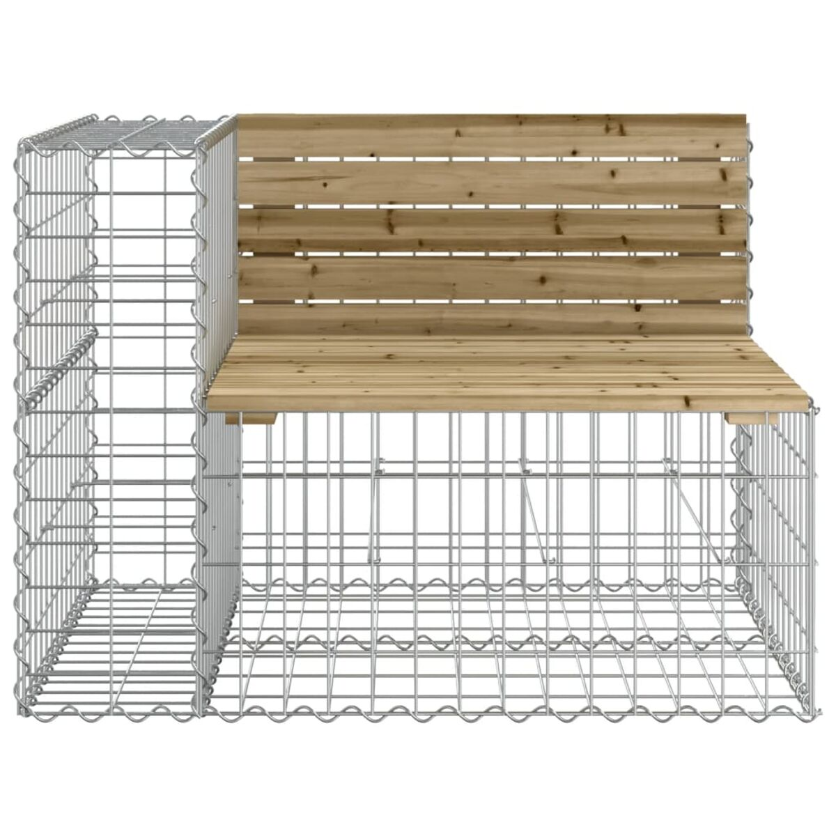 Eine Bank mit Holzsitz und Metalldrahtgestell.
