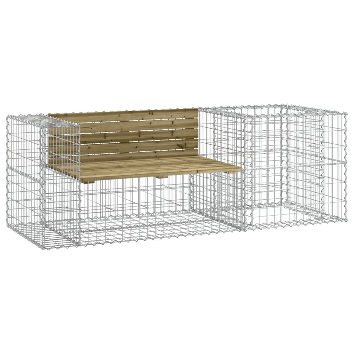 Eine Bank mit Holzsitzen in einer Drahtgitterstruktur. Der Hintergrund ist weiß.