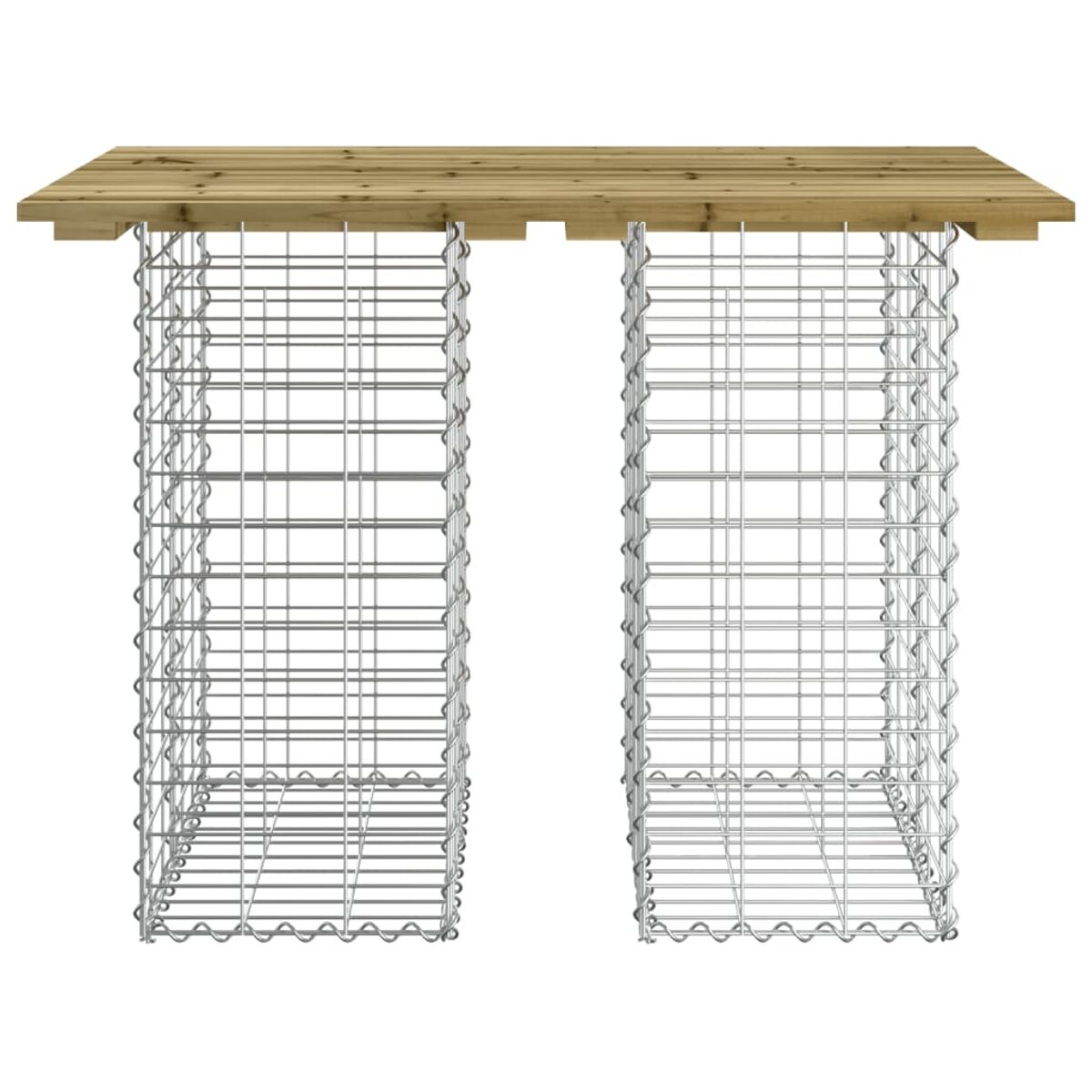 Zwei Drahtgitterstrukturen, die Holzbohlen tragen und ein einzigartiges Design bilden.