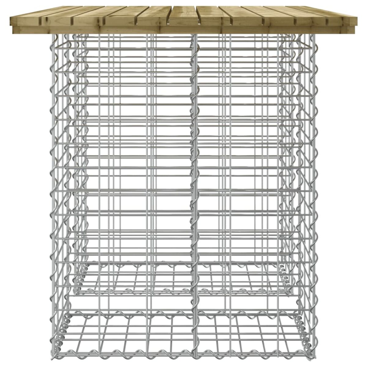 Gabione mit Holzaufsatz. Der Drahtkäfig ist mit Steinen gefüllt. Quadratische Form.