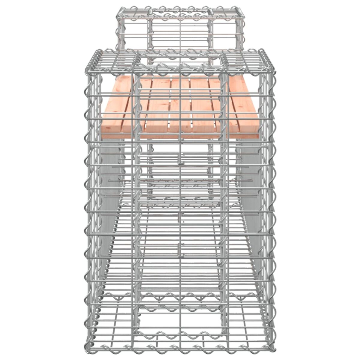 Eine Drahtgitterbank mit einer Holzbank. Die Bank ist rechteckig mit Metallbeinen und einer Holzplatte.