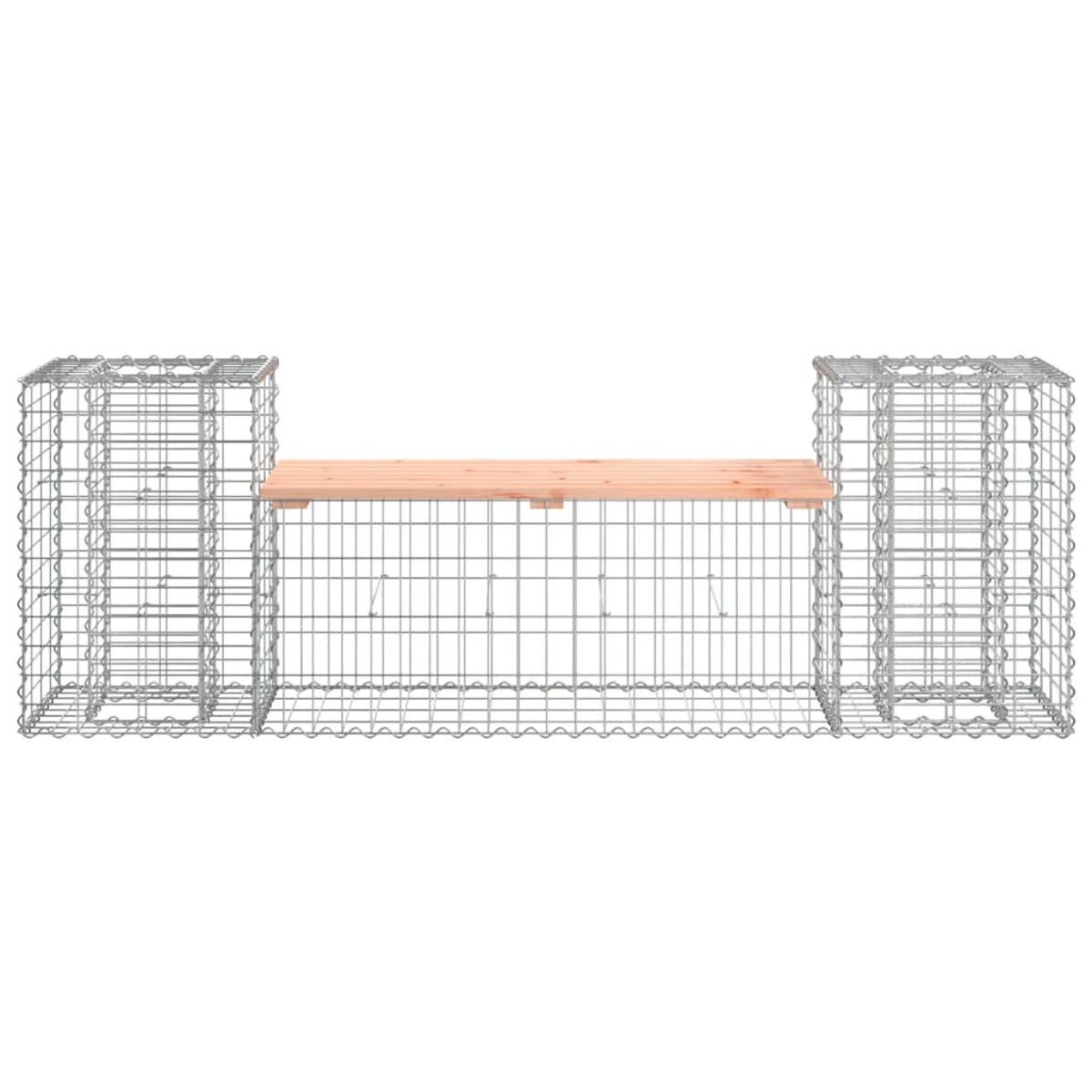 Gabionenbank mit Holzsitzt. Zwei Gabionenkonstruktionen tragen die Holzsitzt.