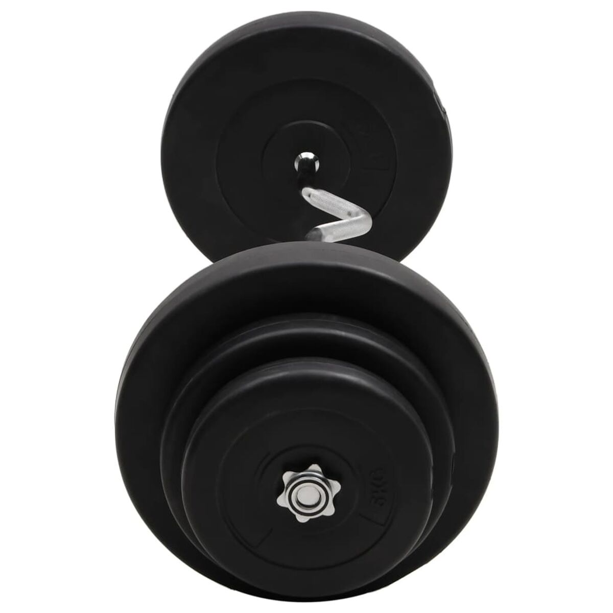 Schwarze Langhantel mit Scheiben. Die Scheiben sind schwarz und rund.