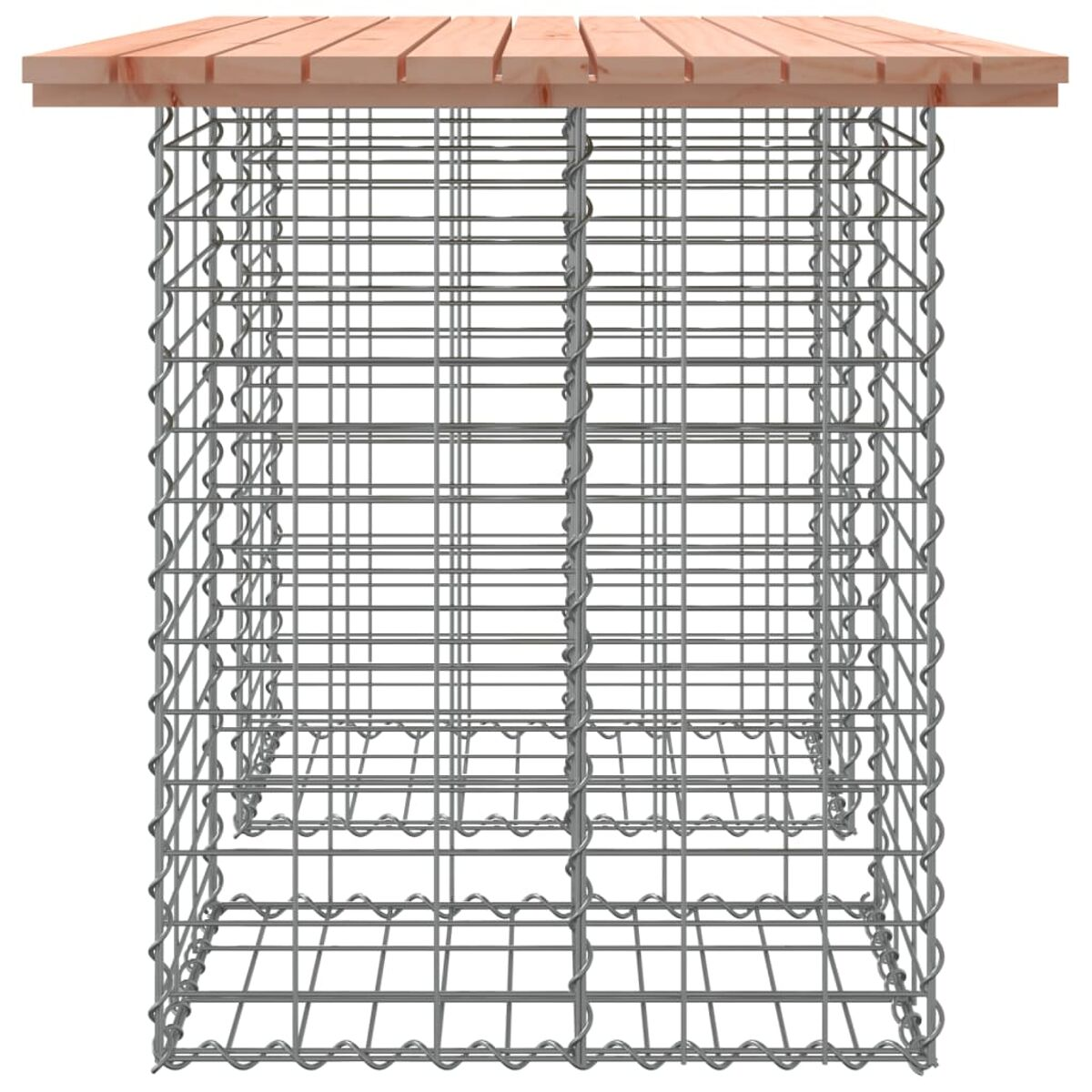 Quadratischer Gabionentisch mit Holzplatte. Drahtgeflechtseiten. Weißer Hintergrund.