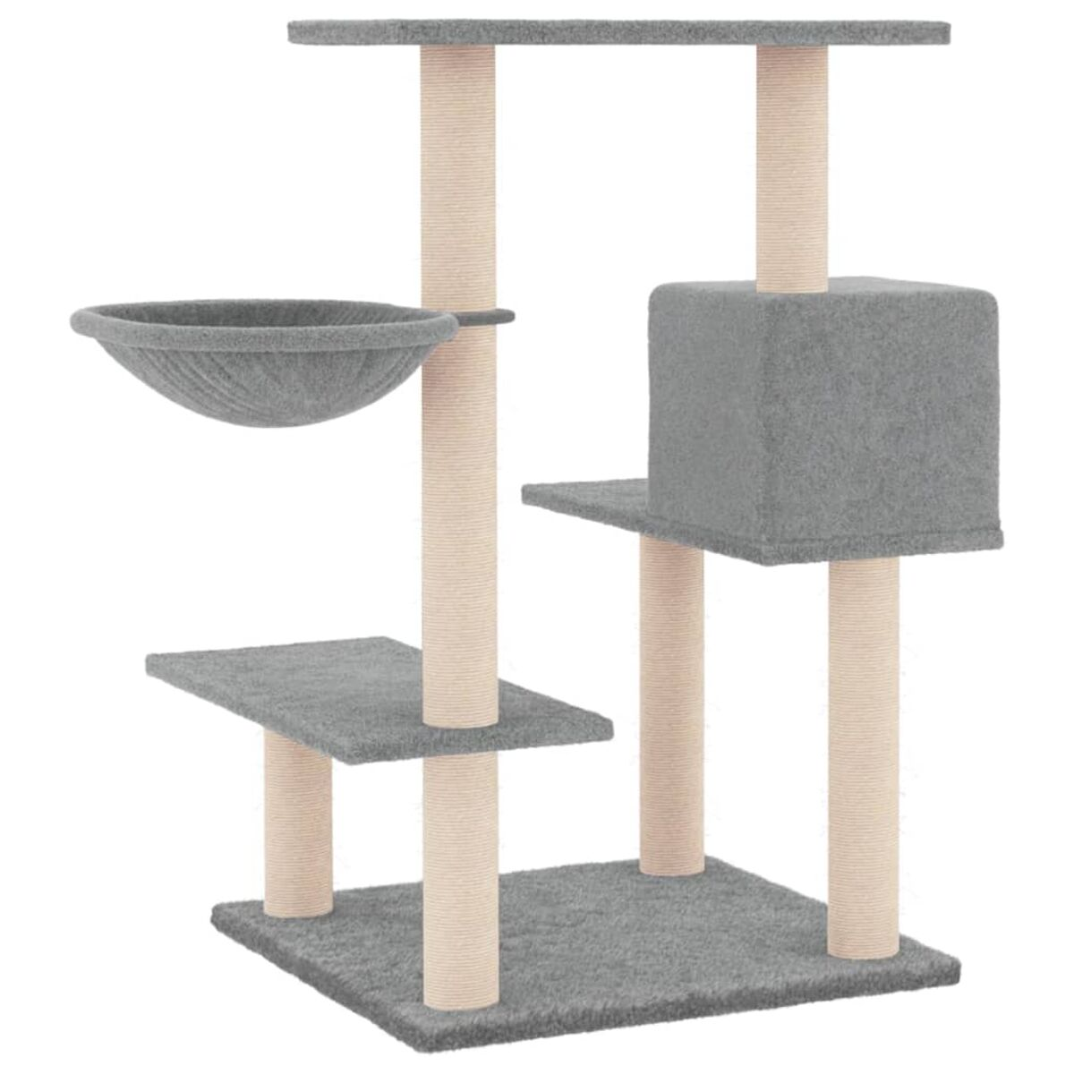 Katzenbaum mit mehreren Ebenen, einer Schüssel und grauer Oberfläche, auf weißem Hintergrund.