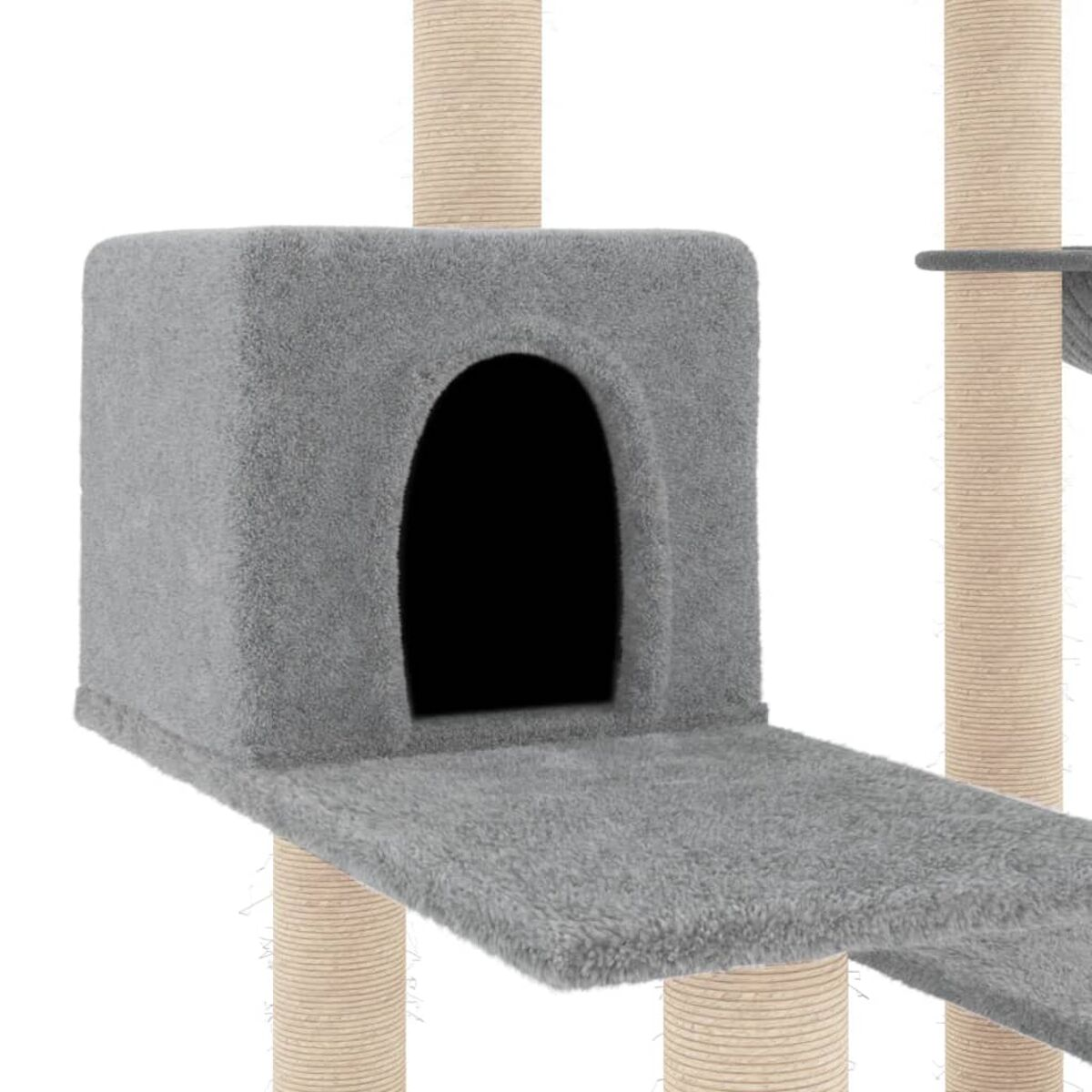 Katzenbaum mit grauem Würfelhaus und Plattform. Beige Seilsäulen sichtbar.